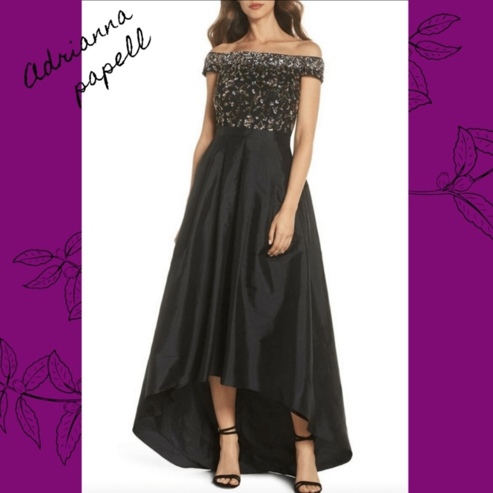 Adrianna papell off the shoulder Hi Low Gown with sequin floral beaded bodice - Picture 7 of 12